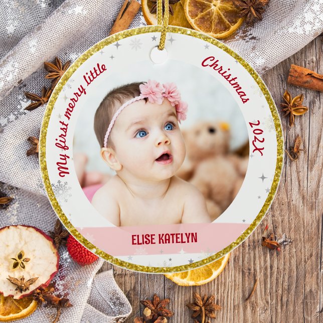New Baby 2 Photos My First Merry Little Christmas Ceramic Ornament (Modern Elegant Cute My First Merry Little Christmas Baby Girl 2 Photos Snowflakes Stars Golden Frame)