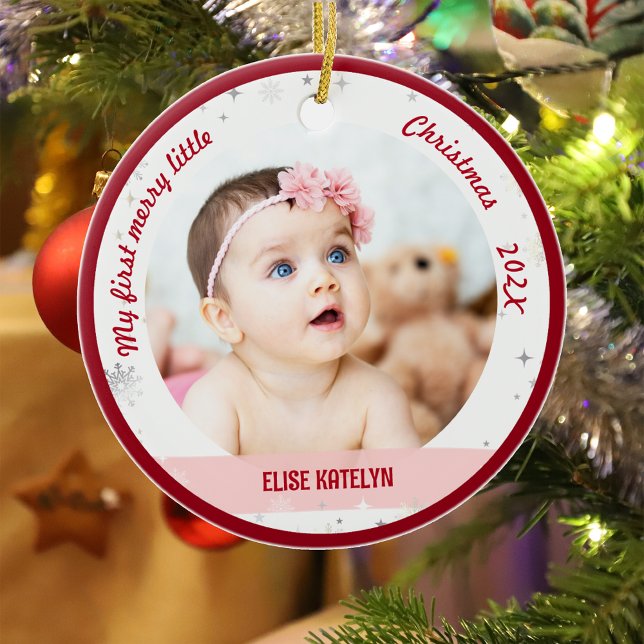 New Baby 2 Photos My First Merry Little Christmas Ceramic Ornament (Modern Elegant Cute My First Merry Little Christmas Baby Girl 2 Photos Snowflakes Minimalist Red)