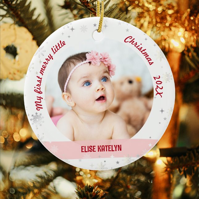 New Baby 2 Photos My First Merry Little Christmas Ceramic Ornament (Modern Elegant Cute My First Merry Little Christmas Baby Personalized Name 2 Photos Snowflakes Stars)