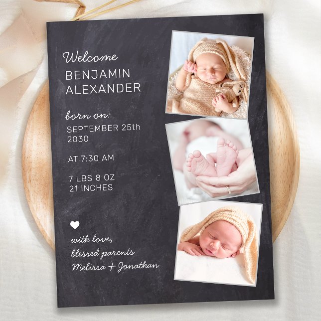 New Baby 3 Photo Chalkboard Birth Announcement Postcard (Creator Uploaded)