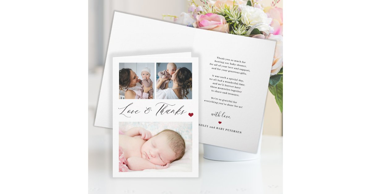 New baby 3 photo collage elegant thank you card | Zazzle