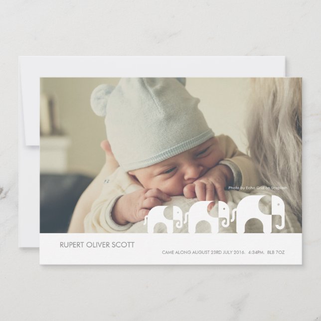 New Baby Along Came Elephant Announcment card (Front)