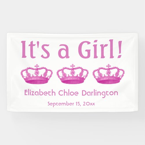 New Baby Announcement Its a Girl Pink Crowns A03A Banner