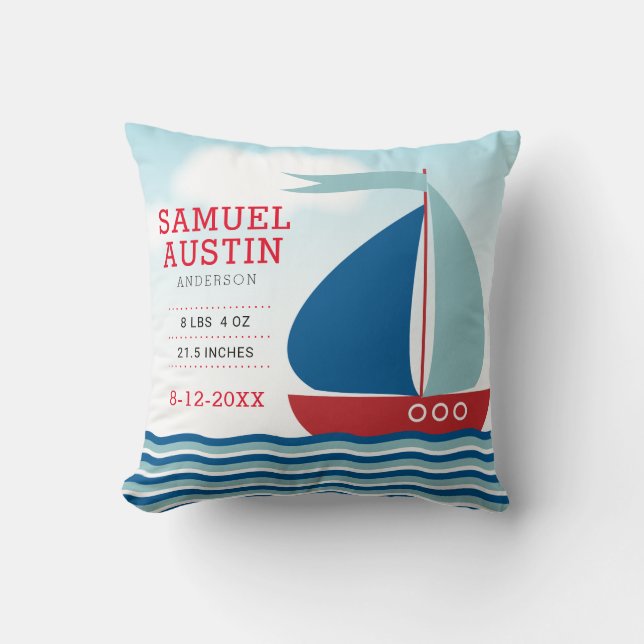 New Baby Announcement Sailboat on Water Nautical Throw Pillow (Front)