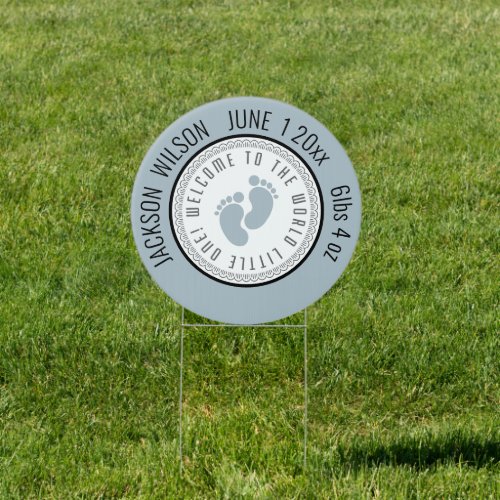 New Baby Announcement with BLUE Footprints Circle Sign