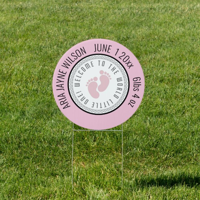 New Baby Announcement with Pink Footprints Circle Sign (Insitu)