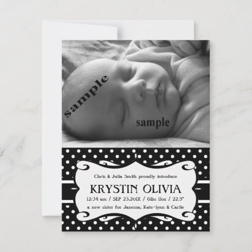 New Baby Birth Announcement Black White Polkadot