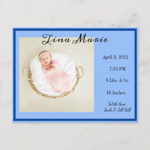 New Baby Birth Announcement Blue Photo Postcard
