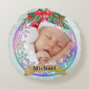 New baby birth stats Christmas, Birth Announcement Round Pillow