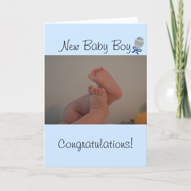 New Baby Boy Baby Feet Blue Rattle Card (Front)