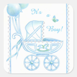 New Baby Boy Blue Buggy and Balloons Square Sticker
