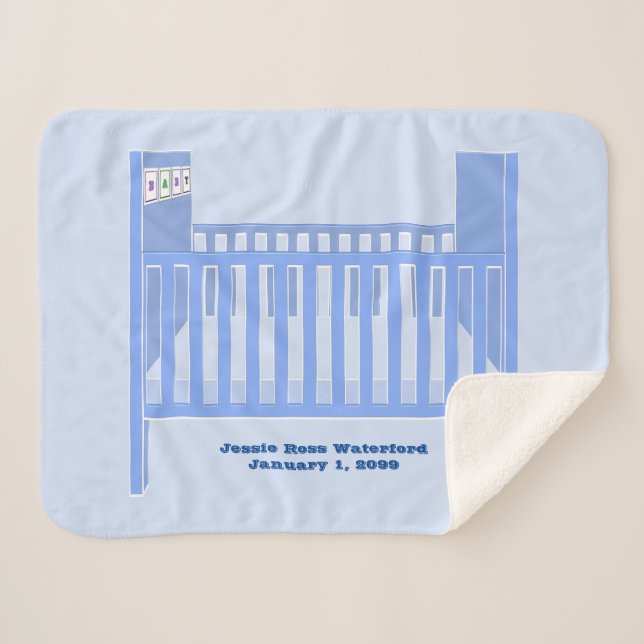 New Baby Boy Blue Crib Personalized Baby Sherpa Blanket (Front (Horizontal))