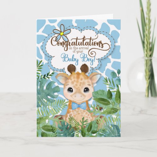 New Baby Boy Blue Giraffe Jungle Congratulations Card