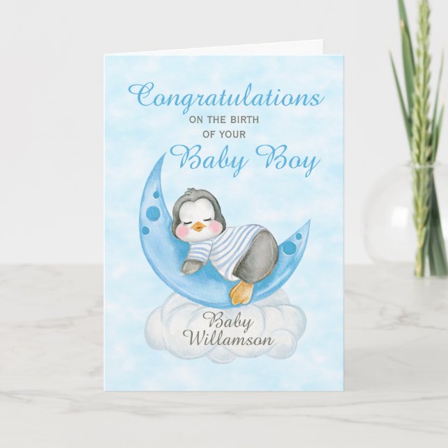 New Baby Boy Blue Penguin Moon Card (Front)
