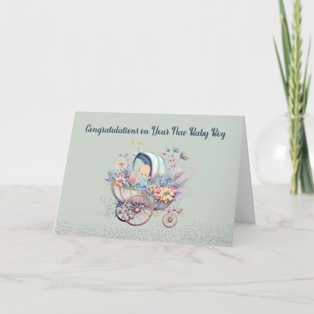 New Baby Boy Card with Carriage & Flowers (Front)