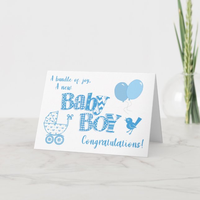 New Baby Boy Congratulations Balloons Bird Card (Front)