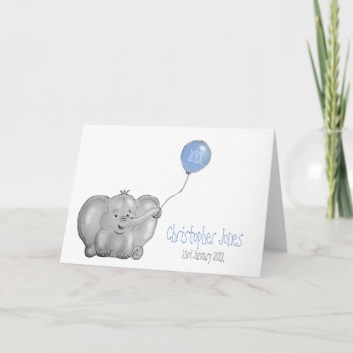New baby boy personalised elephant blue balloon card
