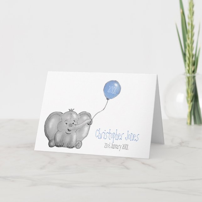 New baby boy personalised elephant blue balloon card (Front)