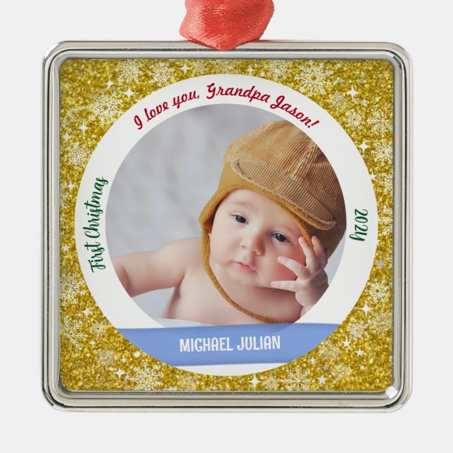 New Baby Boy Photo 1st Christmas As Grandpa Golden Metal Ornament (Front)