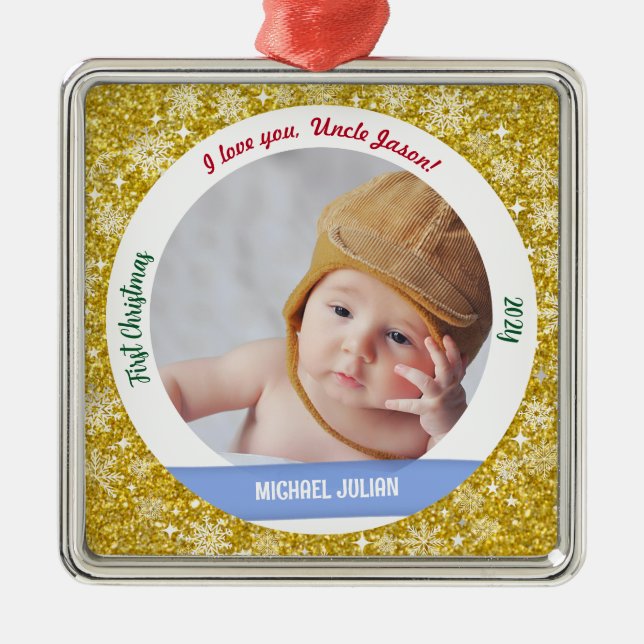 New Baby Boy Photo 1st Christmas As Uncle Golden Metal Ornament (Front)