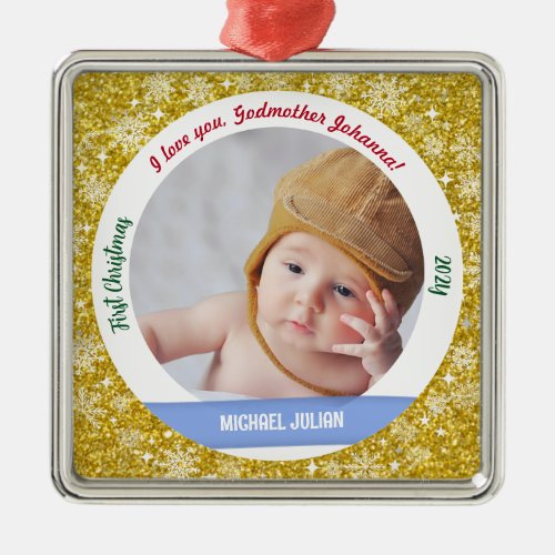 New Baby Boy Photo 1st Christmas Godmother Golden Metal Ornament