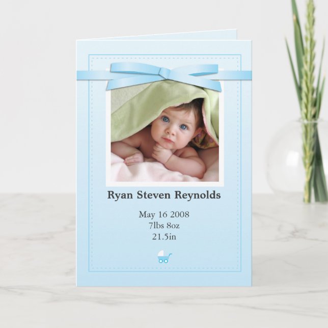 New Baby Boy Photo Blue Announcement Card (Front)