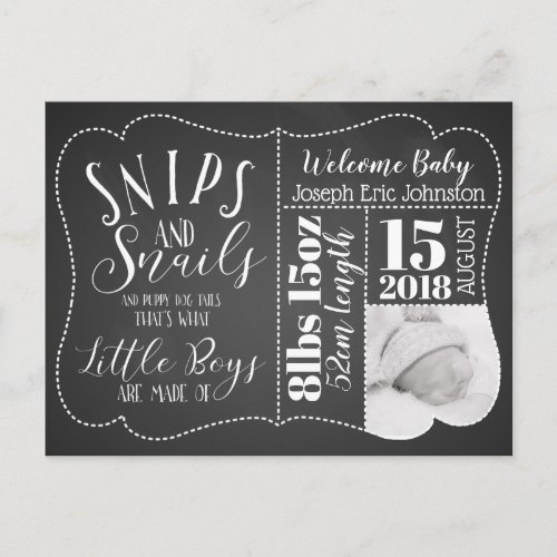 New baby boy postcard snips and snails announcement postcard