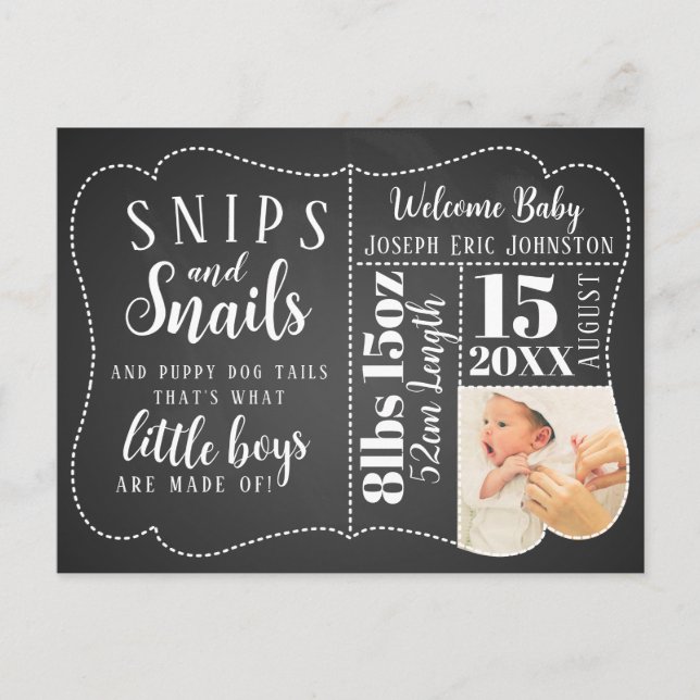 New baby boy postcard, snips and snails announcement postcard (Front)