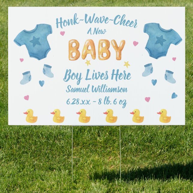 New Baby Boy Rubber Duck Honk Wave Welcome Yard Sign (Insitu)