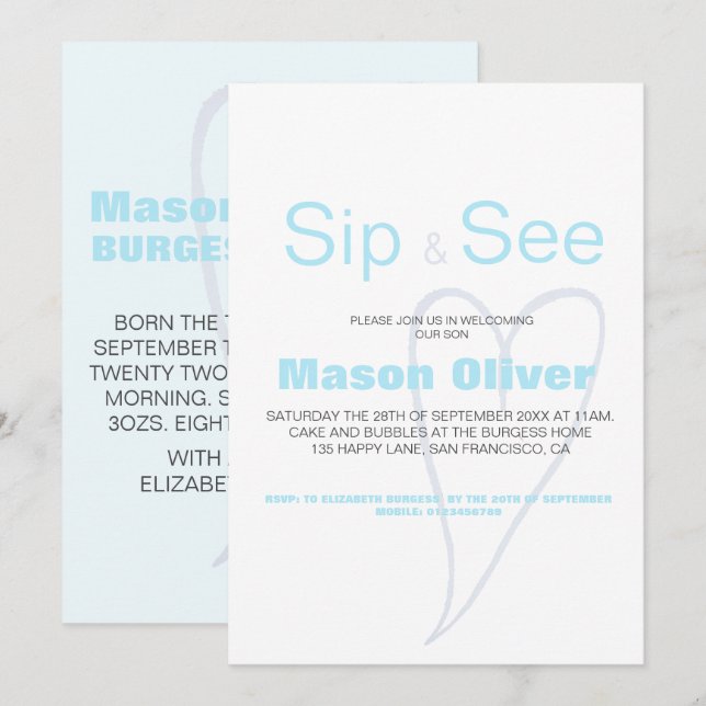 New Baby Boy Sip and See with statistics Invitation (Front/Back)