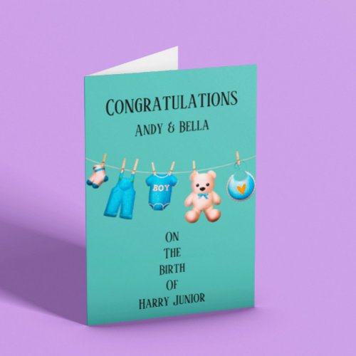 New Baby Boy Teal Congratulations Customisable Card