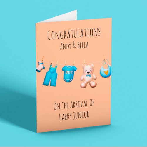 New Baby Boy Teal Congratulations Customisable  Card