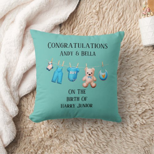 New Baby Boy Teal Congratulations Customisable Throw Pillow