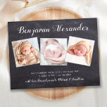 New Baby Chalkboard 3 Photo Birth Announcement Postcard<br><div class="desc">Announce your new baby to friends and family with these rustic chalkboard slate, fun and modern photo collage birth announcement cards. Customize with 3 of your favorite photos, and personalize with name, born date, birth stats. COPYRIGHT © 2020 Judy Burrows, Black Dog Art - All Rights Reserved. New Baby Chalkboard...</div>