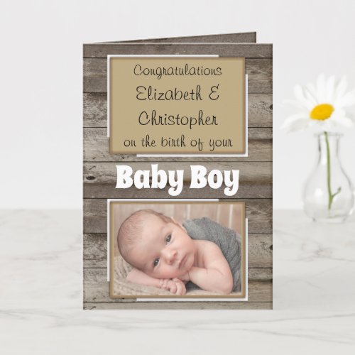 New Baby congratulations photo rustic brown Card