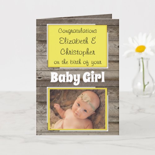 New Baby congratulations photo rustic yellow Card