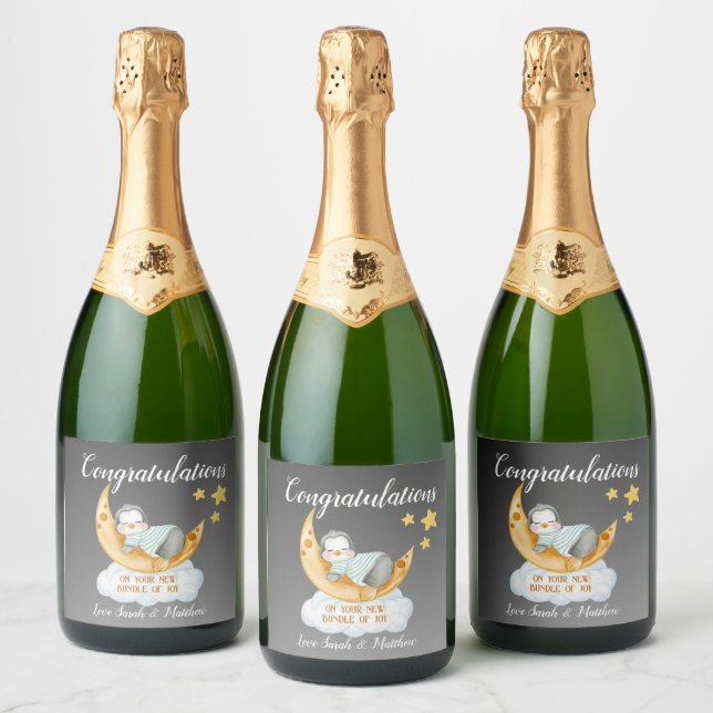 New Baby Congratulations Sleeping Penguin Sparkling Wine Label (Bottles)