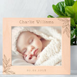 New baby date of birth name greenery leaves engraved frames<br><div class="desc">Etched wooden photo frame featuring the baby's name at the top and date of birth at the bottom,  with greenery leaf decorations in the top right and bottom left corners.</div>