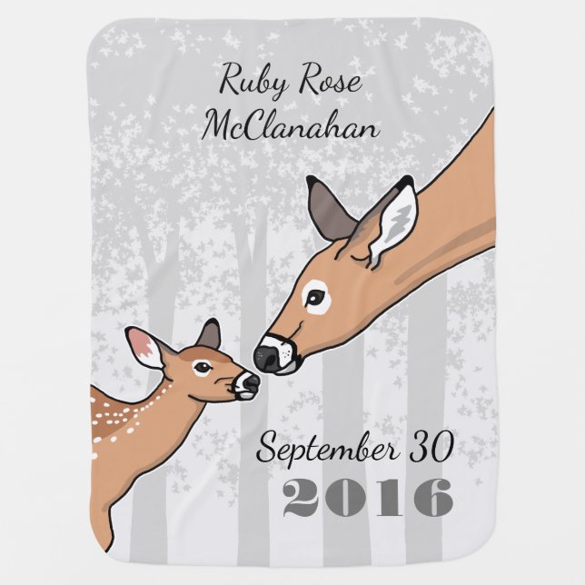 New Baby Deer and Mom Gray Personalized Baby Blanket (Front)