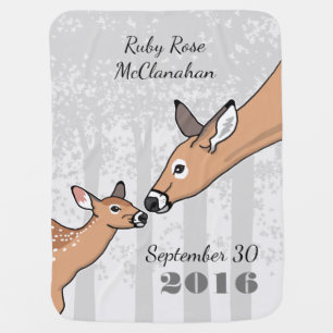 New Baby Deer and Mom Gray Personalized Blanket