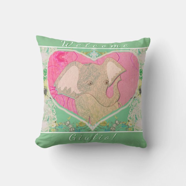 New Baby Elephant Green Pink  Throw Pillow (Front)