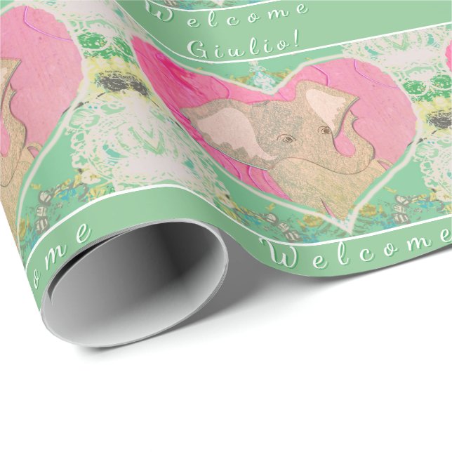 New Baby Elephant Green Pink Wrapping Paper (Roll Corner)