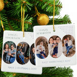 New Baby First Christmas 6 Photos Any Color Ceramic Ornament<br><div class="desc">New Baby first christmas photo ornament - or you can customize the wording however you wish. The design features 6 photos and fully editable colors for the background, lettering and the deco dots. Your photos are displayed in 16:9 portrait format and the photo template will automatically display them in a...</div>