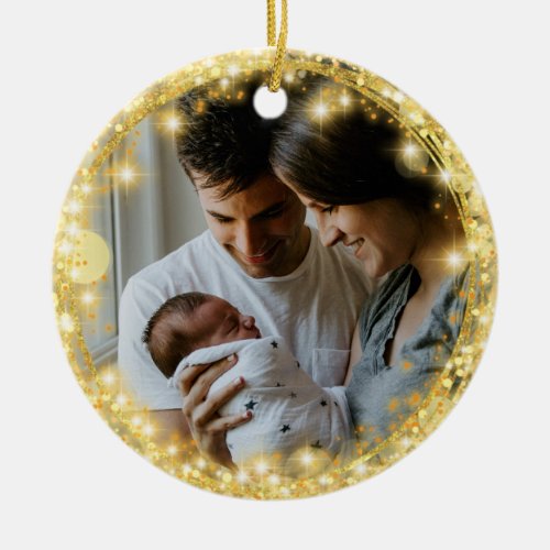 New Baby First Christmas Glitter Gold Circle  Ceramic Ornament