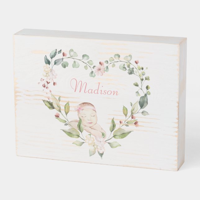 New Baby Floral White Name Wreath Elegant Wooden Box Sign (Angled Horizontal)