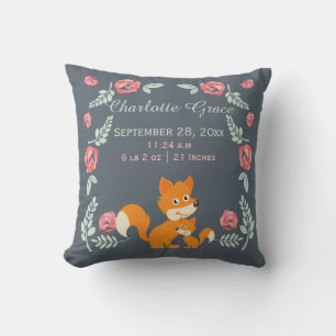 New Baby Fox And Roses Personalized Birth Throw Pillow