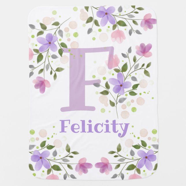 New Baby Gift. Example Name Felicity with Flowers Baby Blanket (Front)
