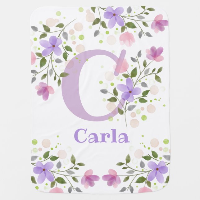 New Baby Gift Initial with Name Carla with Flowers Blanket (Front)