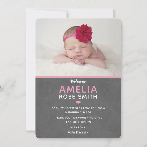 New baby girl announcement and thank you card