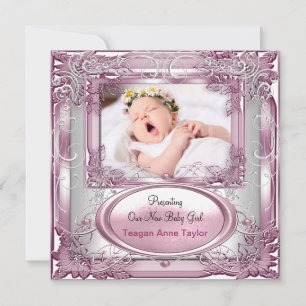 New Baby Girl Announcement Pink Silver